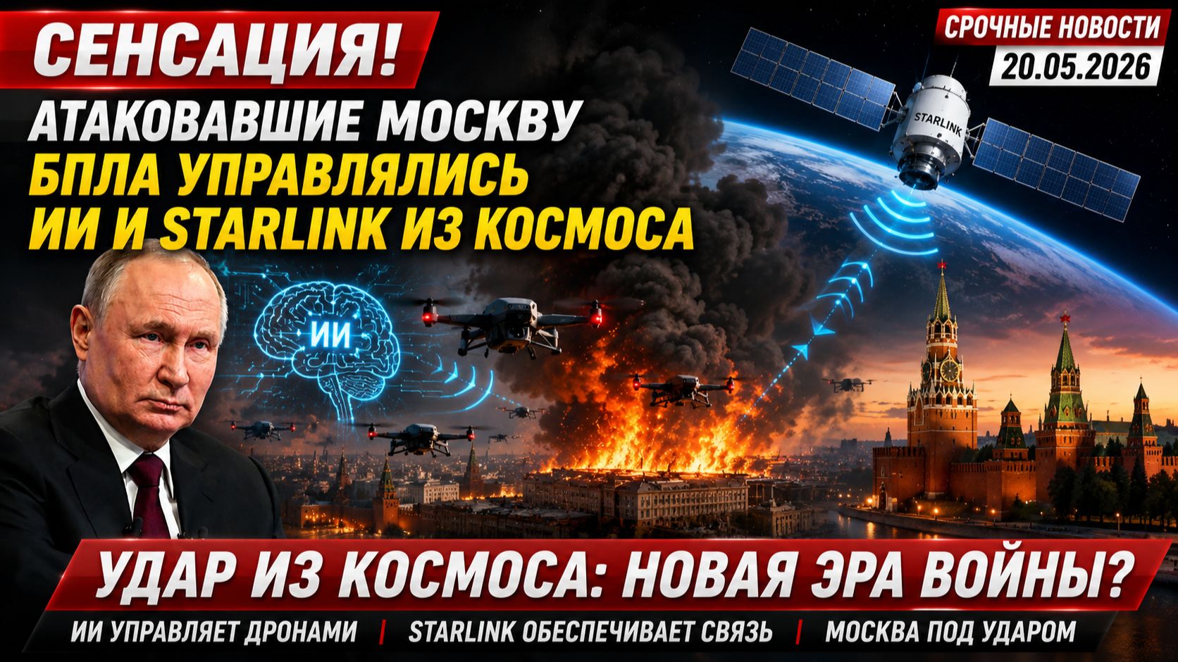 СЕНСАЦИЯ! АТАКОВАВШИЕ МОСКВУ БПЛА УПРАВЛЯЛИСЬ ИИ И STARLINK ИЗ КОСМОСА