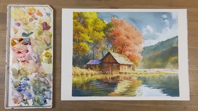 Дом на озере. Акварельный осенний пейзаж. Пошаговый мастер-класс