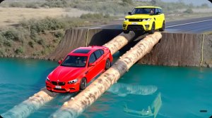 Автомобили против разрушенного моста из брёвен: Безумный челлендж в BeamNG Drive!
