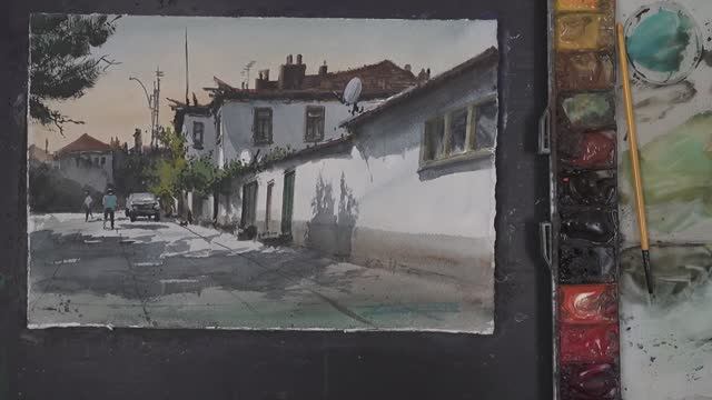 Как нарисовать акварелью залитую солнцем улицу