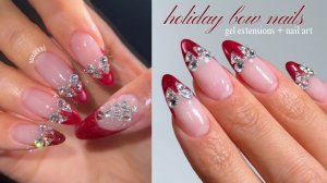 АСМР♥️🎄 Рождественский маникюр, наращивание ногтей гелем, простой дизайн ногтей со стразами
