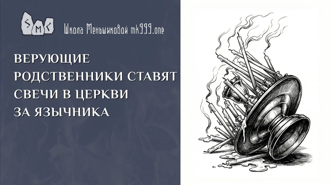 Верующие родственники ставят свечи в церкви за язычника
