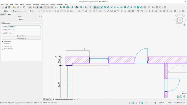 Создание непрерывного размера в FreeCAD Draft (режим цепочки)