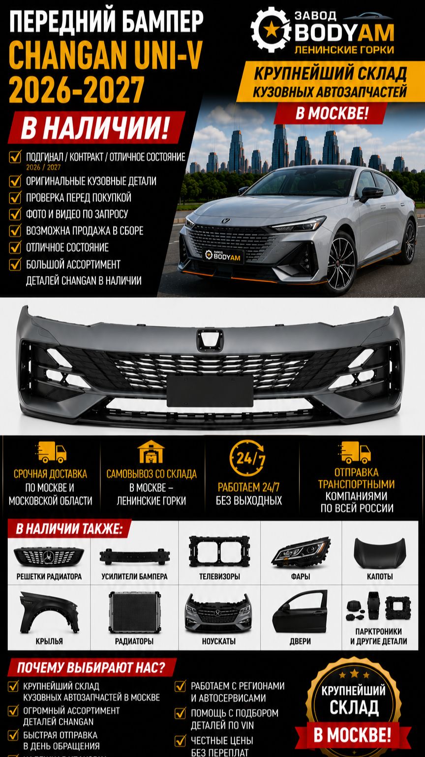 Бампер передний Changan UNI-V  2026-2027 крыло правое левое дверь крышка багажника усилитель