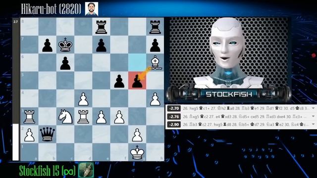 «Stockfish 18 разыгрывает „Гамбит Ботез“ против Хикару (бота) — получится ли у него_»