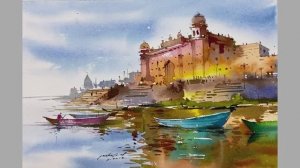 Город на берегу реки Ганг - рисуем акварелью.  Мастер-класс для начинающих