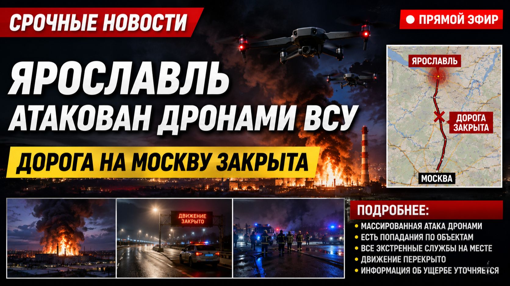 ЯРОСЛАВЛЬ АТАКОВАН ДРОНАМИ ВСУ. ДОРОГА НА МОСКВУ ЗАКРЫТА. ПОДРОБНЕЕ