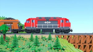 LEGO‑поезд спешит прочь с горящего моста — весёлое «аварийное» приключение