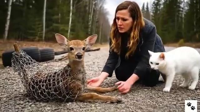 Кот герой спасает оленёнка из железной клетки.