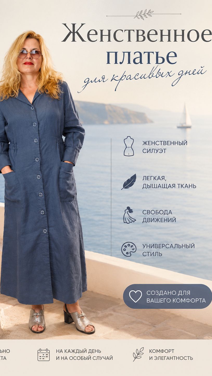 Платье‑рубашка макси из 100% льна