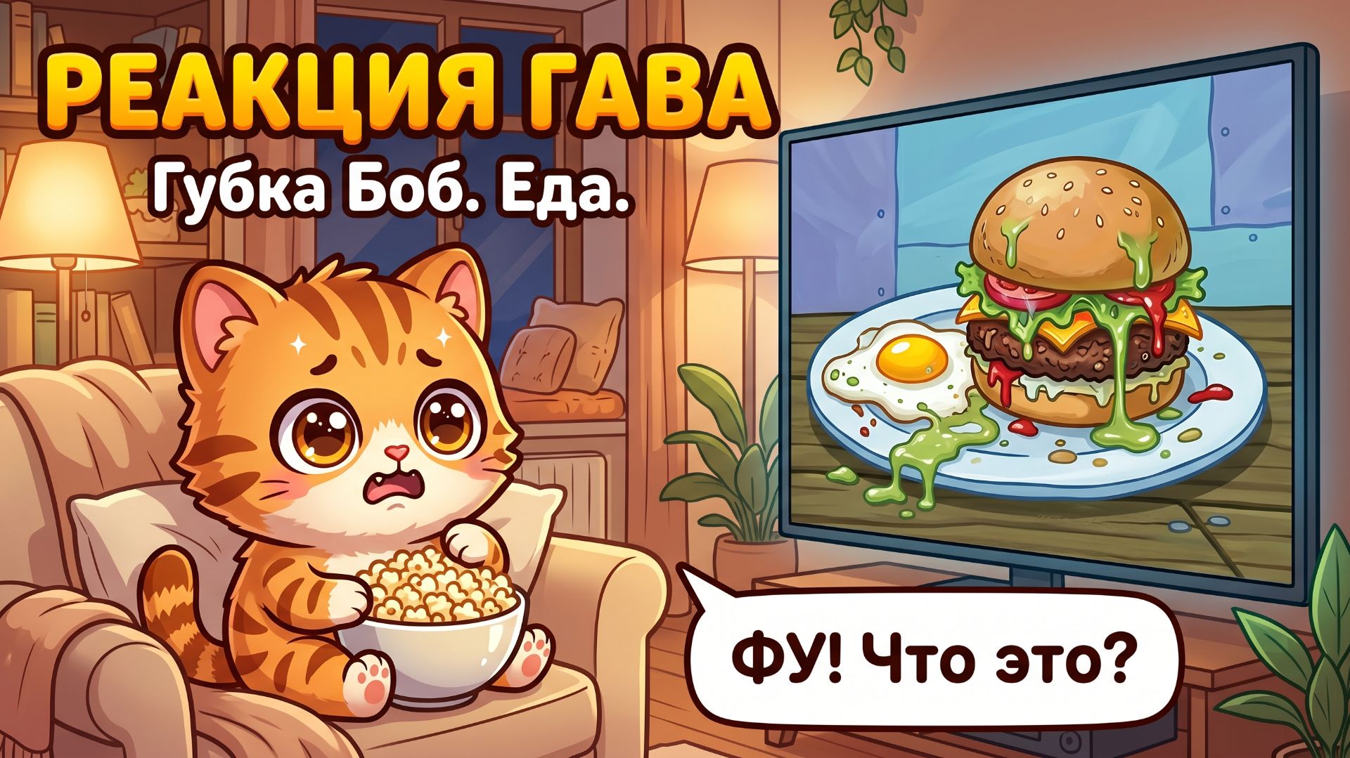Реакция котёнка Гава на самую странную еду из «Губки Боба» 🤢🍔