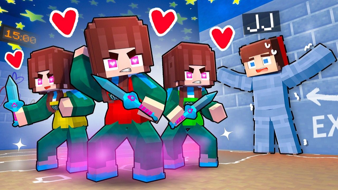 Джей-Джей в КАМУФЛЯЖЕ Vs LOVE CURSED Girls - ИГРА С СКВИДОМ - Maizen Minecraft Animation