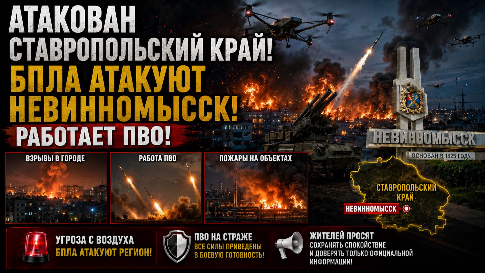 Атакован Ставропольский Край! БПЛА Атакуют Невинномыск.Работает ПВО