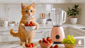 😹Милый маленький котёночек делает коктейль из вкусной клубники и винограда🔥