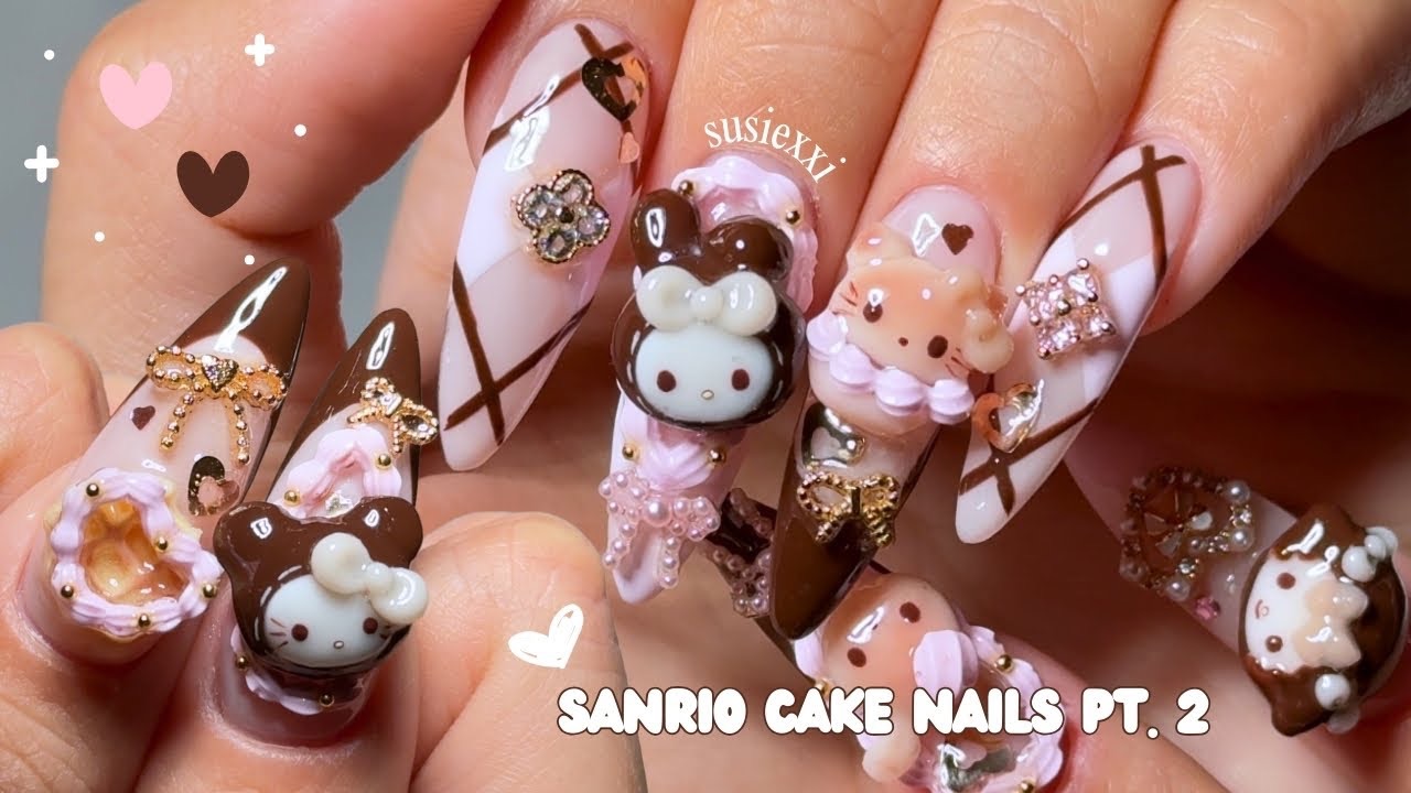 Маникюр в стиле торта Sanrio🤎 Осенний маникюр, урок маникюра, украшения для ногтей ручной работы