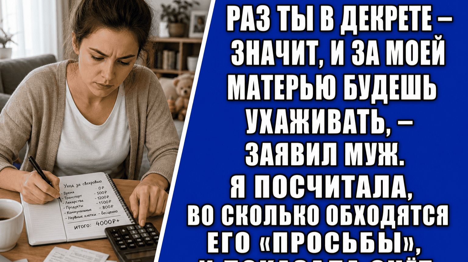 Раз ты в декрете — значит, и за моей матерью будешь ухаживать, — заявил муж. Я посчитала, во скольк