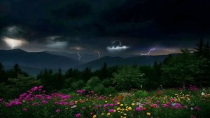 Долина диких цветов перед бурей. 🌩️ Спокойная горная атмосфера с отдаленным раскатом грома.