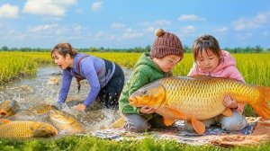Косяк гигантских карпов застрял на рисовом поле. Простая рыбалка с семьей Чук Дуонг