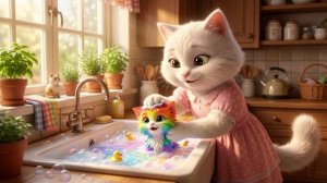 Радужный котёнок хулиганит – мама-кошка не знает покоя!