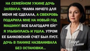 На новогоднем ужине дочь заявила — Мама ничего для меня не сделала, а свекровь подарила мне машину!
