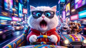 Милая белая кошечка ведёт машину с друзьями | Весёлое дорожное приключение!