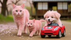 Мама-кошка и ее котята спасли щенка из бурной реки и позаботились о нем.