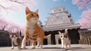 Мама-кошка берет своих котят осмотреть красивый замок Химэдзи 🐾