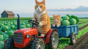 Мама-кошка собирает арбуз, цветную капусту, перец, готовит, заботится и играет со своим котенком.