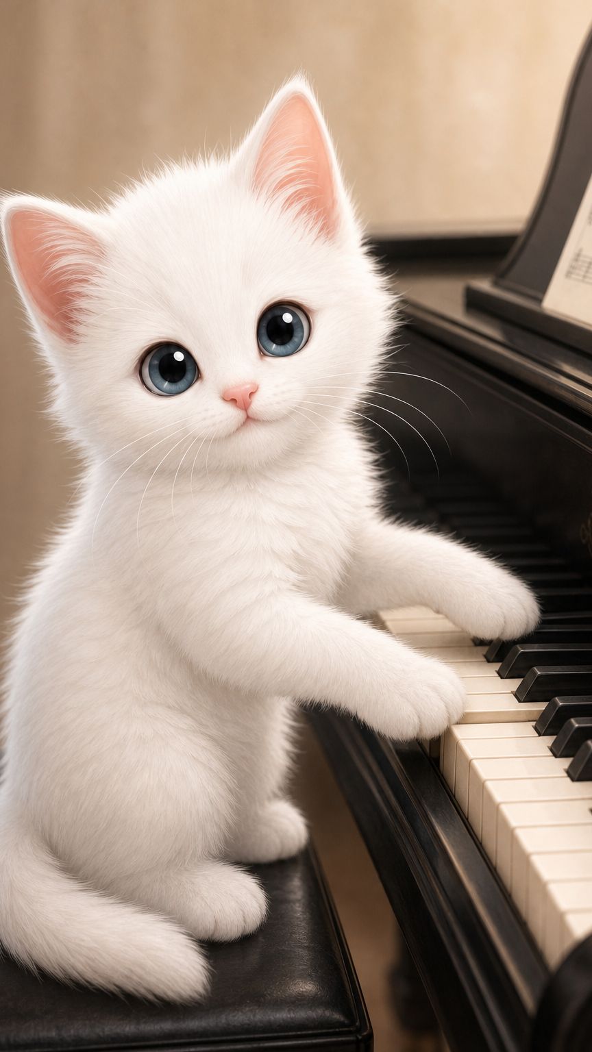котенок "Снежок"играет на рояле
