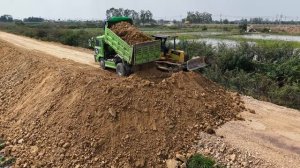 Start New Project !! Construction Dump Truck 5-Ton & Skill Dozer Pushing Stone into Water .