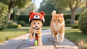Мама-кошка учит котенка безопасному катанию на скейтборде 🛹🐱 # Милая и поучительная се