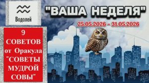 ВОДОЛЕЙ: «ВАША НЕДЕЛЯ с 25 по 31 МАЯ 2026 года» (оракул «СОВЕТЫ МУДРОЙ СОВЫ»)!!!
