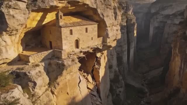 Скит Сан-Коломбано Италия. Здание врезанное в центр гладкой скалы