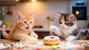 🐱💖 Мама-кошка и котята вместе пекут на кухне – восхитительный момент