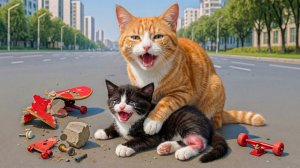 Котёнок упал со скейтборда, мама-кошка заботится о нём # Трогательная история 🐾🌡️🐱