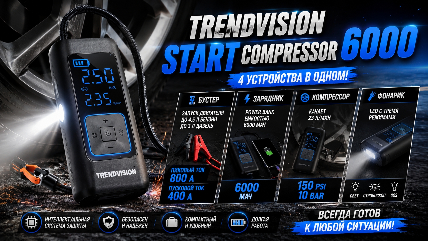 Пусковое устройство+ компрессор 4 в 1 TrendVision Start Compressor 6000