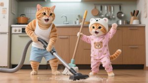 Мама-кошка ушла, папа-кот и котенок убирают дом, чтобы сделать сюрприз 🐾 # Смешные видео о кошках