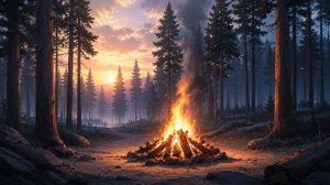 Огонь в лесу ночью — звуки природы для сна