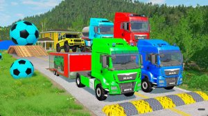 Двойной грузовик с низкорамным прицепом против лежачих полицейских  BeamNG.drive #