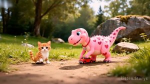 💕💕🦖 милый котенок на день рождения заводит новых друзей - розового динозавра-трансфор