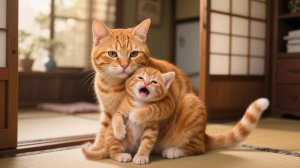 Мама-кошка просыпается рано, чтобы приготовить персиковое варенье для котенка с имбирем 🍯🍑🌅