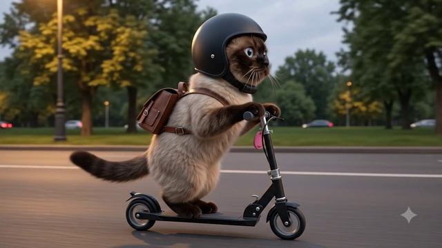 Котик Кими катается на самокате по городу