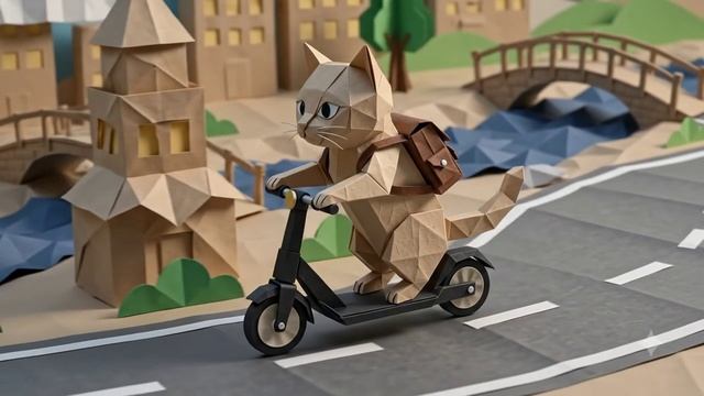 Оригами.  Кот Кими катается на самокате