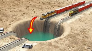 Поезда против гигантской ямы с водой — BeamNG Drive
