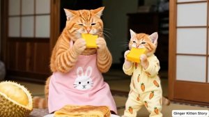Рыжий котёнок мечтает о канале Мукбанг, мама-кошка поддерживает его с любовью 🎥🍜🐾 # С