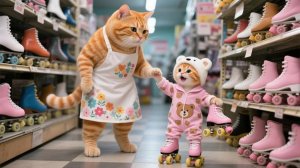 Рыжий котенок хочет роликовые коньки, мама-кошка демонстрирует силу усилий ❤️🐾