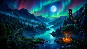 Night  Sounds and Relaxing Music :  Northern Glow Campfire