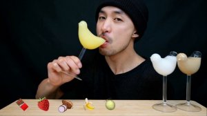 Man drinks milk with chocolate, strawberry, taro, banana, melon, mango and coffee