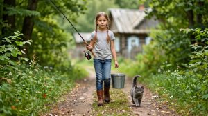 девочка рыбачка и ее помощник котенок .