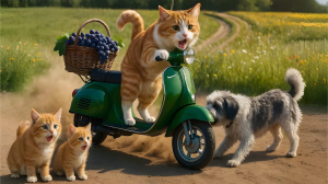 Кошки едут по сельской местности на скутере - счастливое приключение